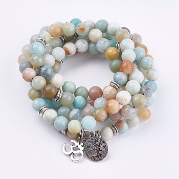 Natural Amazonite Wrap Bracelets, with Alloy Finding, Om Symbol and Tree of Life, 36.22 inch~39.37 inch(92~100cm)