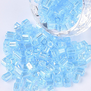 6/0 Glass Seed Beads, Transparent Colours Luster, Square Hole, Cube, Light Sky Blue, 6/0, 3~5x3~4x3~4mm, Hole: 1.2~1.4mm, about 4500pcs/bag