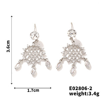 Korean Style Woven Net/Web with Feather Brass Cubic Zirconia Earrings Unique Fashion, Platinum, 36x17mm