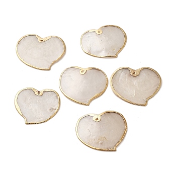 Natural Capiz Shell Pendants, Heart Charms with Golden Tone Brass Edge, Valentine's Day, White, 36~36.5x38~40.5x1.5~2mm, Hole: 1.5~1.6mm
