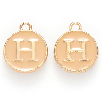 Golden Plated Alloy Enamel Charms, Cadmium Free & Lead Free, Enamelled Sequins, Flat Round with Letter, Wheat, Letter.H, 14x12x2mm, Hole: 1.5mm