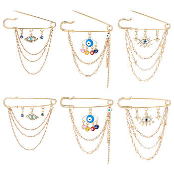 6Pcs 3 Style Evil Eye Shape Alloy Safety Pin Broochs Sets, with Plastic Pearl, Enamel, Iron Chain & Rhinestone for Backpack Clothes, Golden, 70x77.5~92x5~5.5mm, 2pcs/style