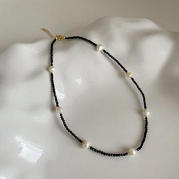 Vintage 7 Natural Freshwater Pearl & Glass Beaded necklaces, Golden Plated Brass Jewelry for Women, Black, 