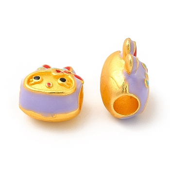 Rack Plating Alloy Enamel European Beads, Large Hole Bead, Rabbit with Bowknot, Matte Gold Color, Lilac, 12.5x9.5x8mm, Hole: 4mm