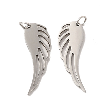 201 Stainless Steel Pendants, with Jump Ring, Wing Charms, Stainless Steel Color, 34x12x1.4mm, Hole: 4.4mm