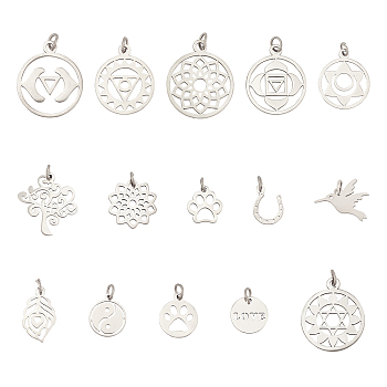 15Pcs 15 Style 304 Stainless Steel Pendants, Mixed Shapes, Stainless Steel Color, 1pc/style