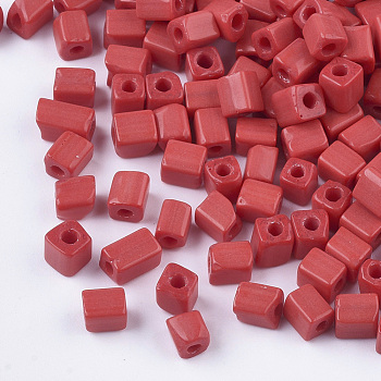 6/0 Glass Seed Beads, Round Hole, Cube & Cuboid, FireBrick, 3~7x3.5x3.5mm, Hole: 1.2mm, about 4500pcs/bag
