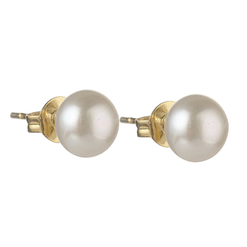 Natural Pearl Rondelle Stud Earrings, 304 Stainless Steel Earring Post, Golden, White, 7~7.5mm, Pin: 0.7mm