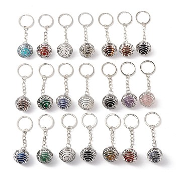 Natural & Synthetic Gemstone Keychain, with Platinum Tone Alloy Key Ring and Brass Findings, Lead Free & Cadmium Free, Round, 8.6cm