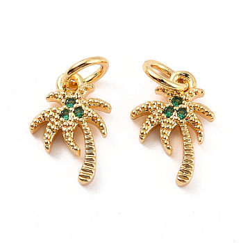 Rack Plating Brass Micro Pave Cubic Zirconia Charms, with Jump Ring, Cadmium Free & Lead Free, Coconut Tree, Real 18K Gold Plated, 12x8x2mm, Jump Ring: 5x1mm, Inner Diameter: 3mm