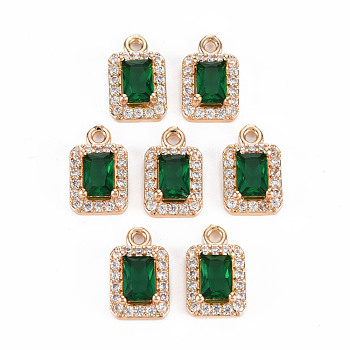 Rack Plating Brass Micro Pave Clear Cubic Zirconia Charms, with Faceted Glass, Long-Lasting Plated, Cadmium Free & Lead Free, Rectangle, Green, 13x8x4.5mm, Hole: 1.4mm