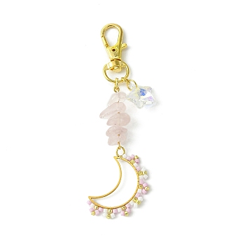 Moon Glass Seed Pendant Decorations, Natural Rose Quartz Chip Beads & Star Glass Charms for Bag Key Chain Ornaments, 94.5mm