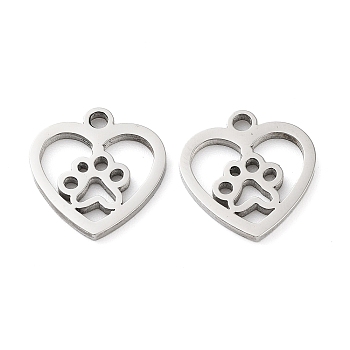 316 Surgical Stainless Steel Charms, Manual Polishing, Heart with Paw Print Charms, Stainless Steel Color, 13x12.5x1.5mm, Hole: 1.6mm