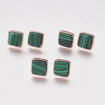 Synthetic Malachite Stud Earrings, with Brass Findings, Real Rose Gold Plated, Square, 12x12x4.5~6mm, Pin: 1mm