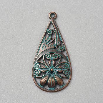 Tibetan Styles Alloy Pendants, Teardrop Charms, Antique Bronze & Green Patina, 39.5x18.5x2.5mm, Hole: 1.5mm