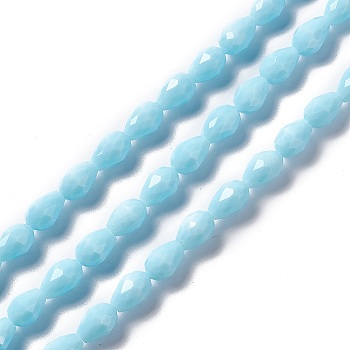 Faceted Glass Beads Strands, Teardrop, Sky Blue, 12x8~9mm, Hole: 1.2mm, about 57pcs/strand, 23.74''(60.3cm)