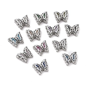 Eco-friendly Brass Cubic Zirconia Multi-Strand Links, Cadmium Free & Lead Free, Butterfly, Platinum, Mixed Color, 11x14x5.6mm, Hole: 1.2mm