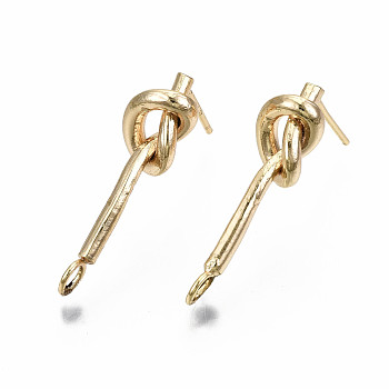 Brass Stud Earring Findings, with Loop, Nickel Free, Knot, Real 18K Gold Plated, 23x6.5mm, Hole: 2.5mm, Pin: 0.7mm