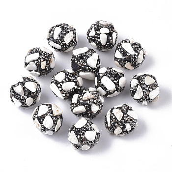 Polymer Clay Rhinestone Beads, with Natural Howlite Chips, Round, 16~18mm, Hole: 1.6mm