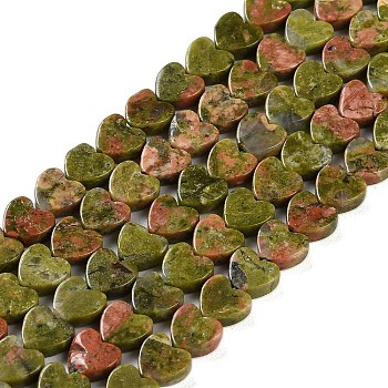 Natural Unakite Beads Strands, Heart, 6x6x3mm, Hole: 1mm, about 69~71pcs/strand, 14.57''~14.96''(37~38cm)