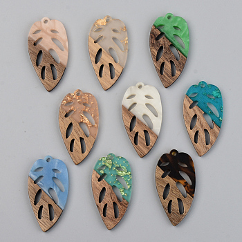 Resin & Walnut Wood Pendants, Leaf, Mixed Color, 38x20x3mm, Hole: 2mm