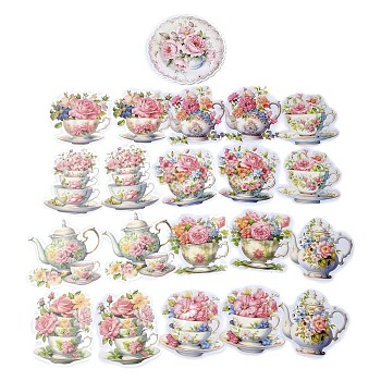 20Pcs Romantic FLower Tea Cup and Pot PVC Self-Adhesive Waterproof Decorative Stickers, for DIY Scrapbooking, Light Coral, 70~83x70~75x0.2mm