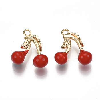 Brass Charms, with Enamel, Cherry, Red, Nickel Free, Real 18K Gold Plated, 14x13x5mm, Hole: 1.6mm