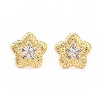 Clear Cubic Zirconia Star Stud Earrings, Rack Plating Brass Jewelry for Women, Cadmium Free & Lead Free, Real 18K Gold Plated, 15.5x16mm, Pin: 0.7mm