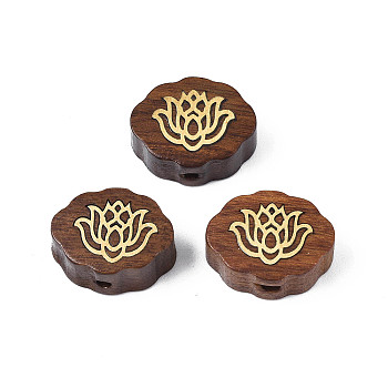 Natural Rosewood Undyed Beads, with Raw(Unplated) Brass Slices, Lotus Shape, Saddle Brown, 17x13.5x6.5mm, Hole: 1.6mm