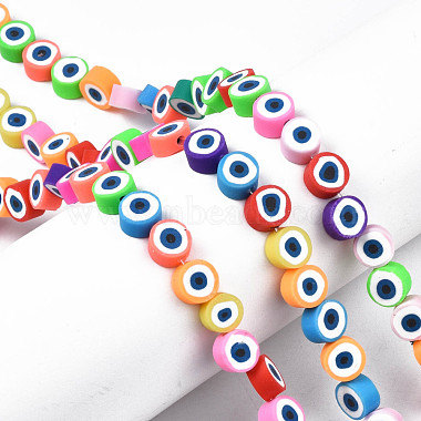 Polymer Clay Bead Strands, Flat Round with Evil Eye