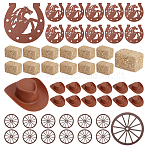 1 Bag Plywood Horseshoe Decorations, Western Cowboy Party Decoration, with 12Pcs Plastic Craft Cowboy Hat, 3 Bags Wooden Rick Miniature Ornaments and 12Pcs Wood Hanging Ornaments, Mixed Color, 69x69.5x3mm, Hole: 4~4.5mm(AJEW-UN0005-57)