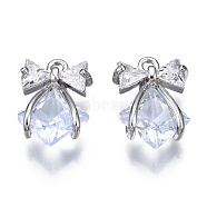 Brass Inlaid Clear Cubic Zirconia Pendants, Bowknot, Platinum, 15x10x4mm, Hole: 1.2mm(ZIRC-S069-010P)