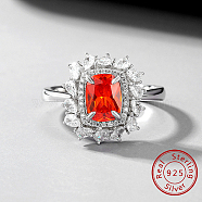 Rhodium Plated Sterling Silver Flower Finger Ring, with Orange Red Cubic Zirconia, with 925 Stamp, Platinum, Inner Diameter: 17mm(CX1344)
