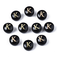 Handmade Lampwork Beads, with Golden Plated Brass Etched Metal Embellishments, Flat Round with Alphabet, Letter.K, 8x5mm, Hole: 0.8mm(LAMP-S196-001K)