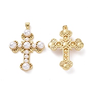 Plastic Imitation Pearl Pendants, with Brass Findings, Cross Charm, Real 18K Gold Plated, 40.5x30x7mm, Hole: 3.5x5mm(KK-G453-16G)