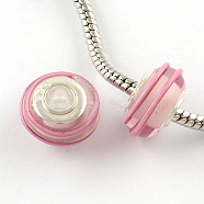 Handmade Lampwork European Rondelle Beads, with Silver Tone Brass Cores, Large Hole Beads, Pink, 14~15x8mm, Hole: 4.5mm(X-LPDL-R005-18)