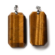 Natural Tiger Eye Pendants, Faceted Rectangle Charms, with Platinum Plated Brass Snap on Bails, Lead Free & Cadmium Free, 40~41x20~21x6~9mm, Hole: 4.3x3.8mm(G-H286-05P-03)