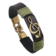 Alloy Musical Note Link Bracelet with Leather Cords, for Men, Olive Drab, 7-1/8~8-5/8 inch(18~22cm)(PW-WG26310-01)