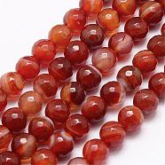 Faceted Natural Agate Beads Strands, Dyed & Heated, Round, Grade A, Orange Red, 6mm, Hole: 1mm, about 61~62pcs/strand, 14.4~14.6 inch(G-F344-39-6mm)