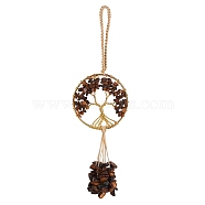 Wire Wrapped Chips Natural Tiger Eye Big Pendant Decorations, with Brass Wires and Nylon Cord, Flat Round with Tree of Life, 170mm(HJEW-SZ0001-27C)