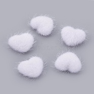 Faux Mink Fur Covered Cabochons, with Alloy Bottom, Heart, Silver Color Plated, White, 14x17x6.5mm(WOVE-F021-05S-09)
