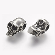 304 Stainless Steel European Beads, Skull, Large Hole Beads, Antique Silver, 21x10.5x11.5mm, Hole: 5mm(STAS-K132-073AS)