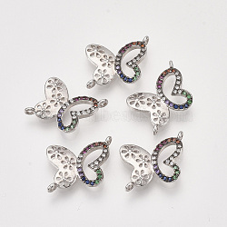 Brass Cubic Zirconia Links, Butterfly, Colorful, Platinum, 12~13x16~17x2.5~3mm, Hole: 1~1.2mm(ZIRC-S055-41P)