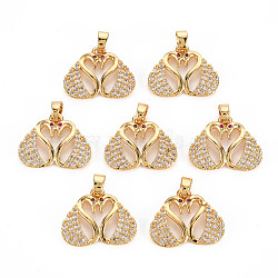 Rack Plating Brass Micro Pave Clear Cubic Zirconia Pendants, Long-Lasting Plated, Cadmium Free & Lead Free, Swan, Golden, 14.5x18x2mm, Hole: 3x4mm(KK-T060-38-RS)