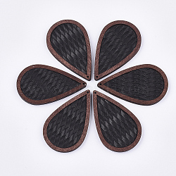 Eco-Friendly Cowhide Leather Big Pendants, with Dyed Wood, Imitation Woven Rattan Pattern, Teardrop, Black, 60x36x4mm, Hole: 1.2mm(FIND-S301-41A-01)
