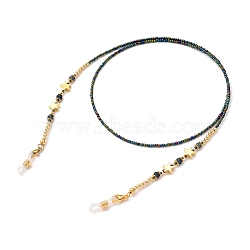 Eyeglasses Chains, Neck Strap for Eyeglasses, with Natural Malaysia Jade Beads, Glass Seed Beads, Brass Beads, 304 Stainless Steel Lobster Claw Clasps and Rubber Eyeglass Holders, Teal, Golden, 700mm(AJEW-EH00110-02)