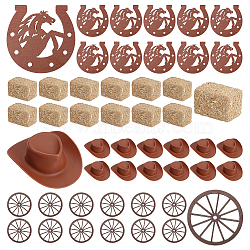 1 Bag Plywood Horseshoe Decorations, Western Cowboy Party Decoration, with 12Pcs Plastic Craft Cowboy Hat, 3 Bags Wooden Rick Miniature Ornaments and 12Pcs Wood Hanging Ornaments, Mixed Color, 69x69.5x3mm, Hole: 4~4.5mm(AJEW-UN0005-57)