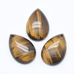 Natural Tiger Eye Pendants, teardrop, 30x20x6~7mm, Hole: 1.5mm(G-E490-J-01)