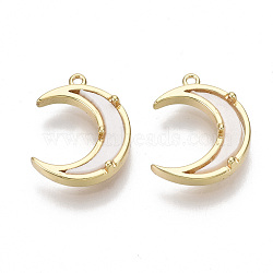 Natural Shell Charms, with Brass Findings, Moon, Real 18K Gold Plated, Nickel Free, Seashell Color, 13x10.5x3mm, Hole: 0.9mm(KK-S356-091-NF)