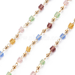 Handmade Acrylic Beaded Chains, with Brass Findings, Soldered, Spool, Square, Real 18K Gold Plated, Colorful, 2.5x2.5x2.5mm, about 16.4 Feet(5m)/roll(CHC-S012-001-B01-G)